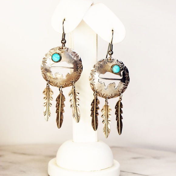 Sterling Silver Dreamcatcher Earrings with Turquoise Accents & French Wires EUC - Picture 2 of 3